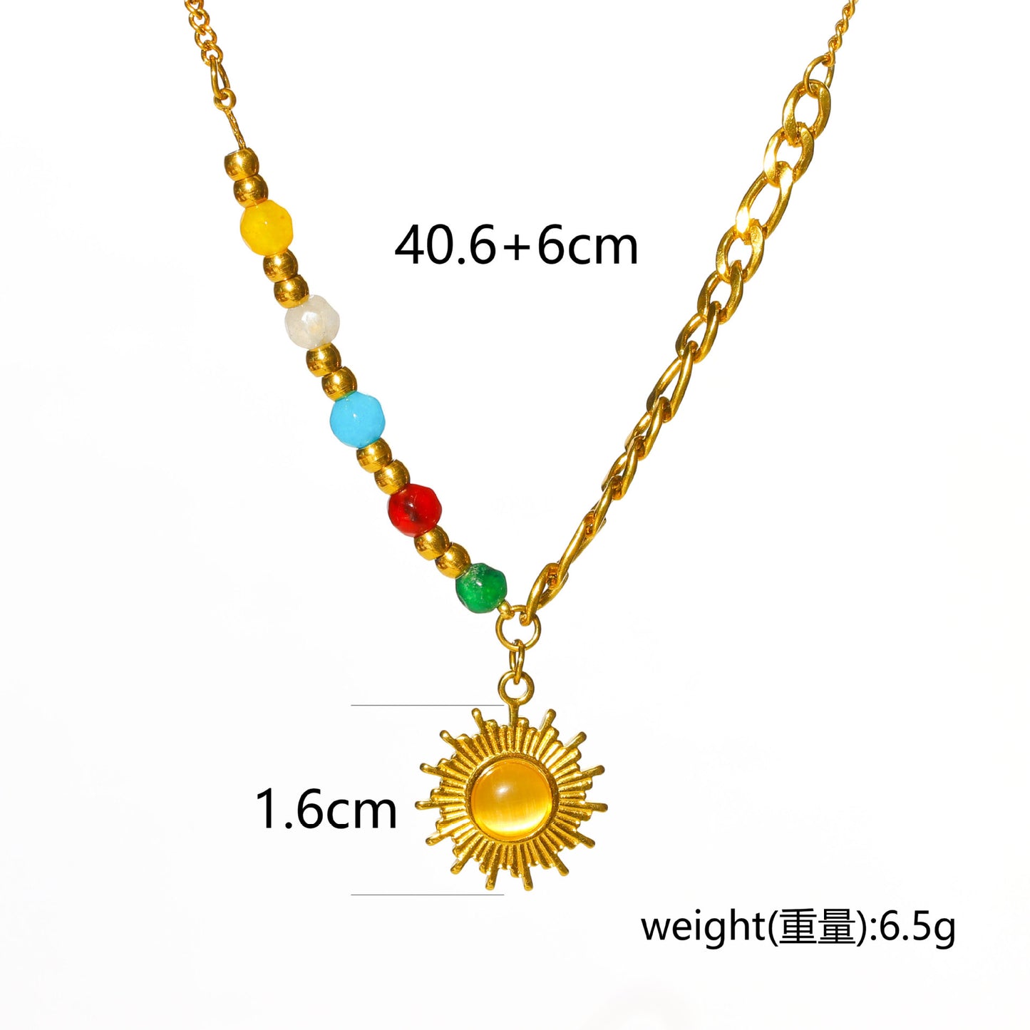 Collana pendente minimalista a forma di sole da donna in acciaio al titanio con placcatura in oro 18 carati e intarsio in pietra occhio di gatto