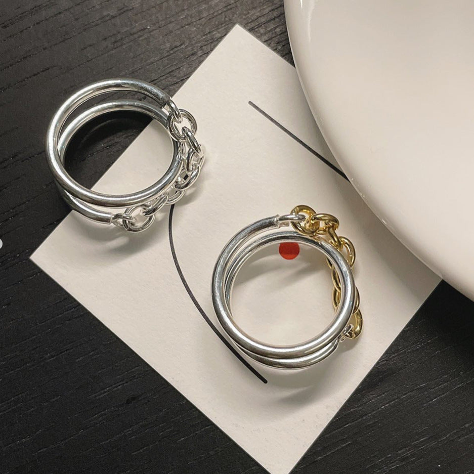Anillo de Plata de Ley 925 Minimalista con Diseño de Ola y Cadena para Mujer