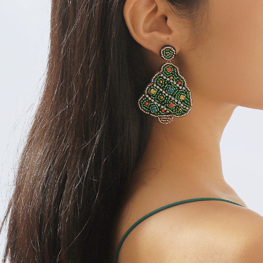 Sweet Streetwear Geometric Handmade Christmas Tree Earrings with Rhinestone and Crystal Beads for Women