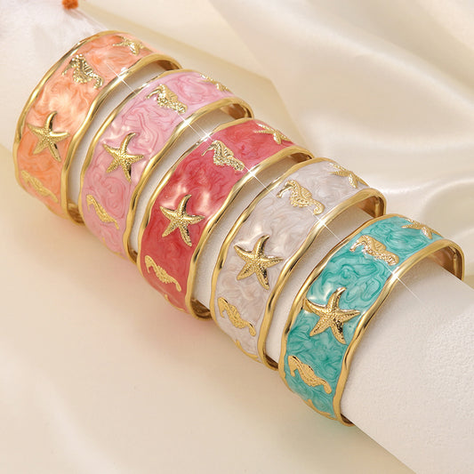 Elegant Drip Oil Stainless Steel Animal Cuff Bracelet with Starfish and Seahorse Design