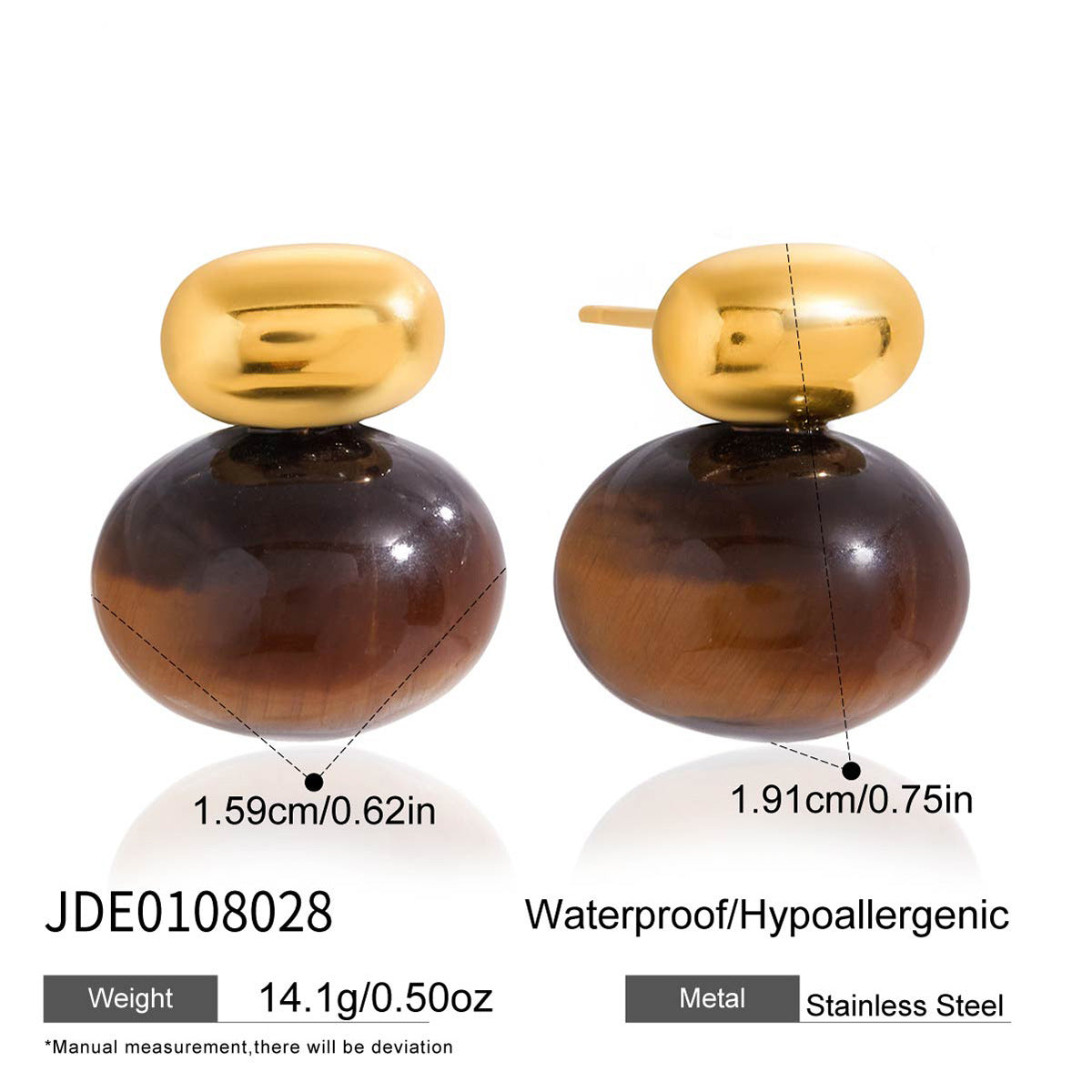 Pendientes de tuerca de acero de titanio geométricos minimalistas con incrustaciones de ojo de tigre para mujer, chapado al vacío PVD en oro, estilo de aro de lujo a la moda