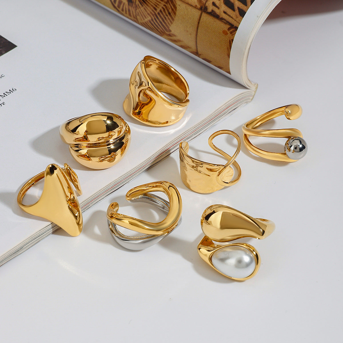 Geometric Stainless Steel Plated Ring with Pearl Inlay for Women