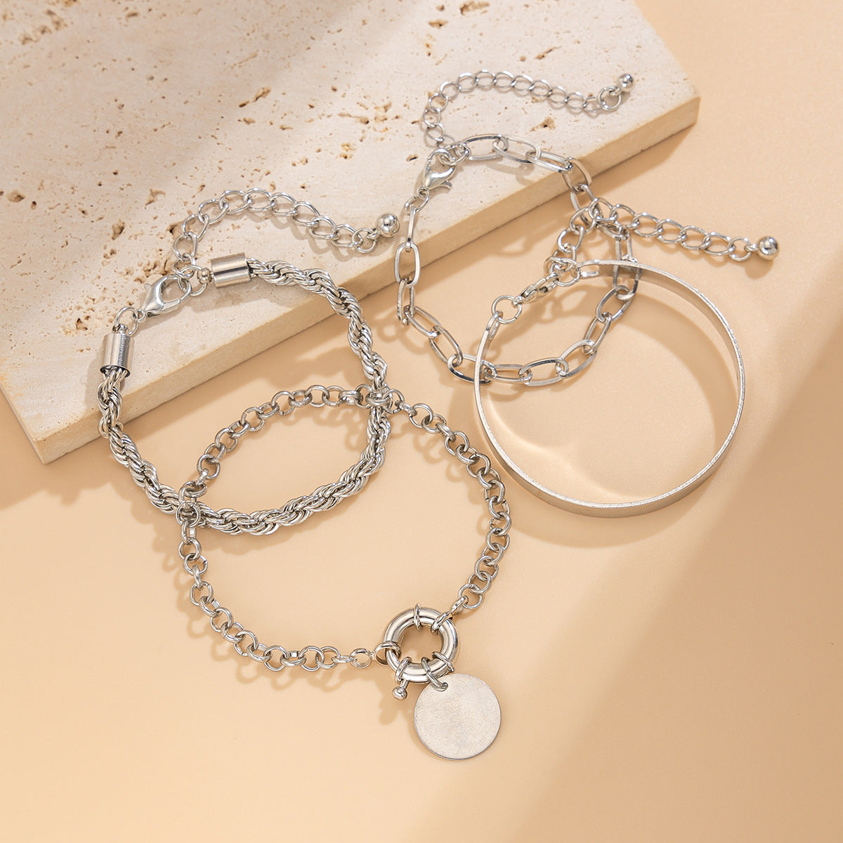 Minimalist Style Pearl-Style Beaded Portrait Pendant Bracelet with Heart and Star Charms, Plated Finish