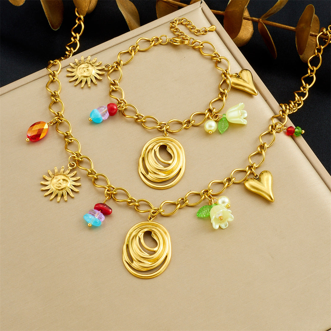Sweet Minimalist Colorful Acrylic Beaded Lily of the Valley Heart Teardrop Pendant Stainless Steel Plated Cable Chain Jewelry Set for Women