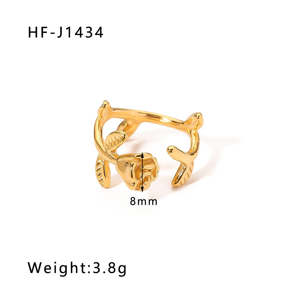 Vintage French Style Rose-Shaped Stainless Steel Ring with Gold Plating for Women, Geometric Design Fashion Ring