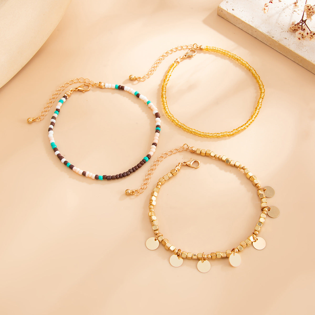 Bohemian Ethnic Geometric Glass Acrylic Beaded Tassel Anklet for Women