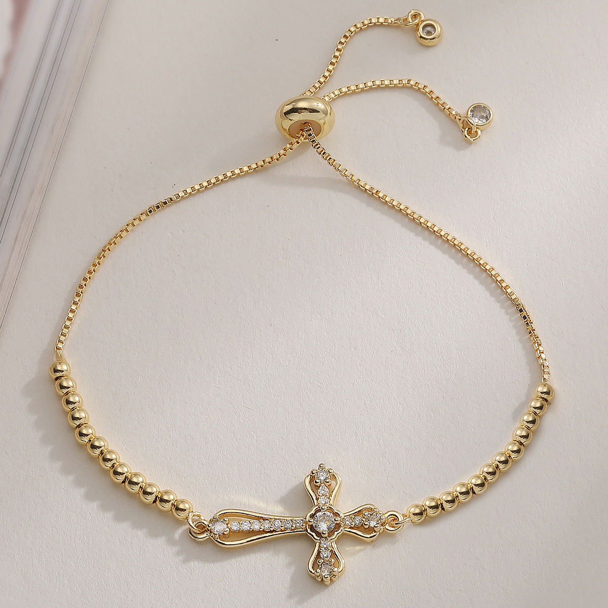 Gold Plated Brass Cross Bracelet with Cubic Zirconia for Women