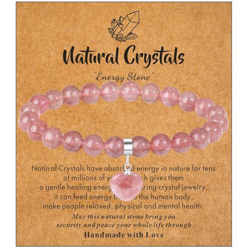 Minimalist 8mm Crystal Beaded Bracelet with Heart Pendant Polished Rose Quartz Rhodonite Elastic String
