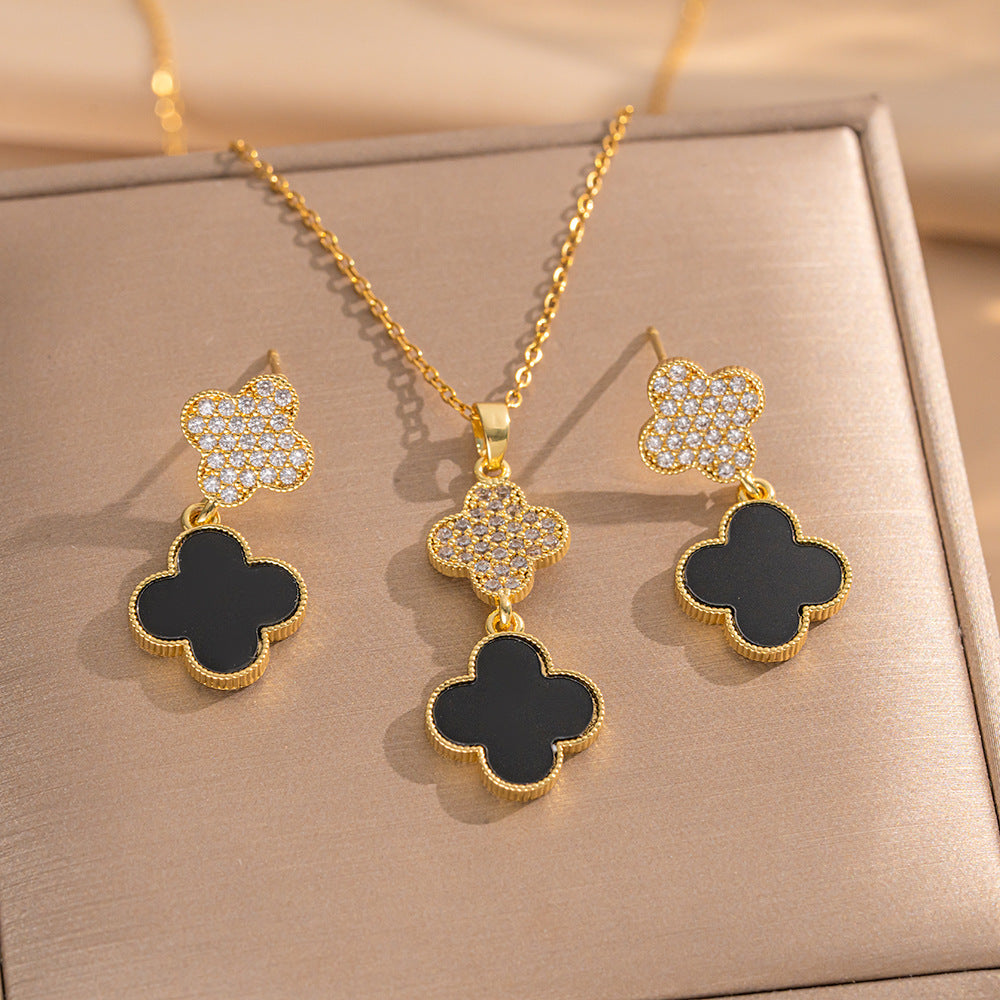 Set collana di lusso in acciaio al titanio geometrico con dettagli in strass micro-pavé e catena a maglie ovali per donna