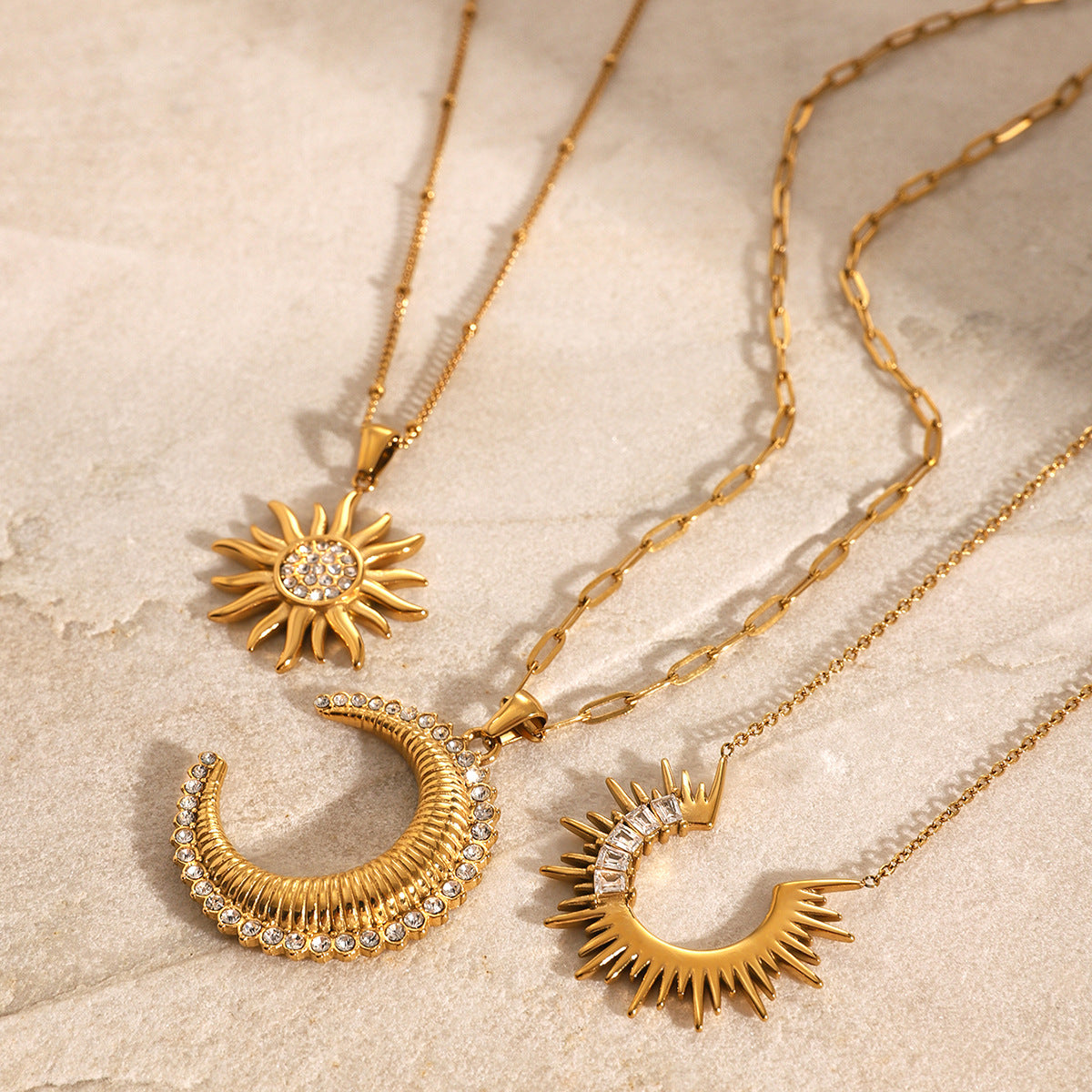 Elegant Geometric Moon Stainless Steel Plated Necklace with Cubic Zirconia Sunflower Pendant for Women