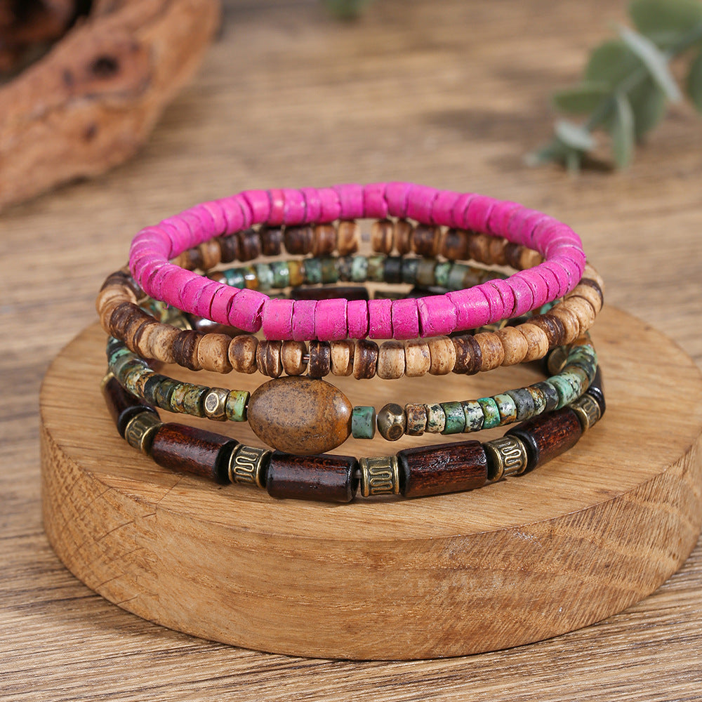 Vintage Bohemian Ethnic Round Geometric Wood Beaded Stretch Bracelet