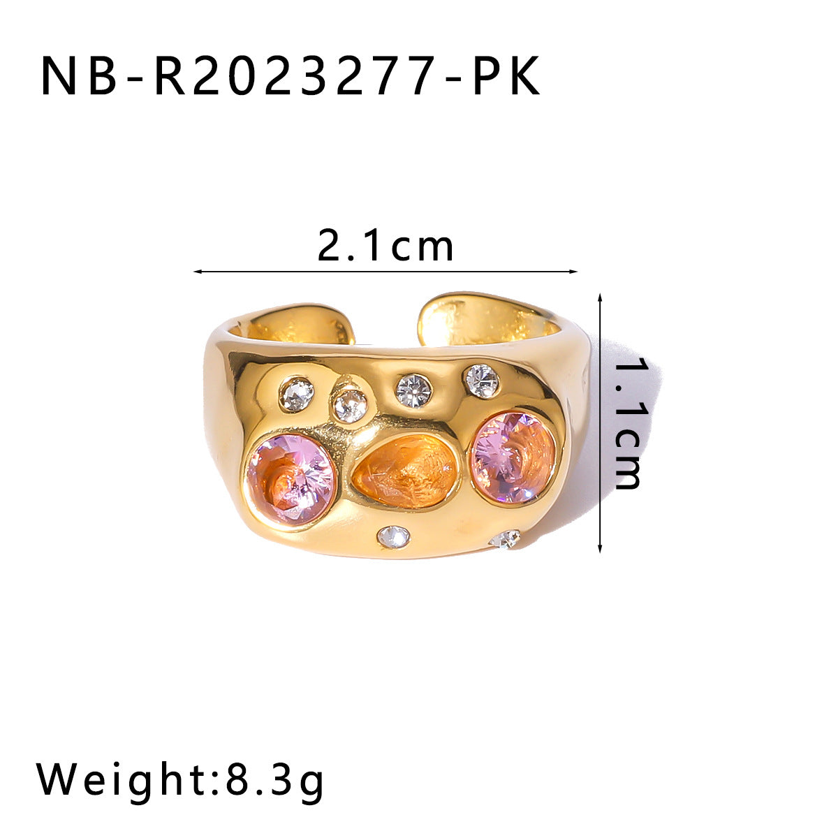 Anello aperto regolabile vintage in acciaio inossidabile con intarsio di strass colorati e placcatura in oro 18 carati, gioiello geometrico minimalista