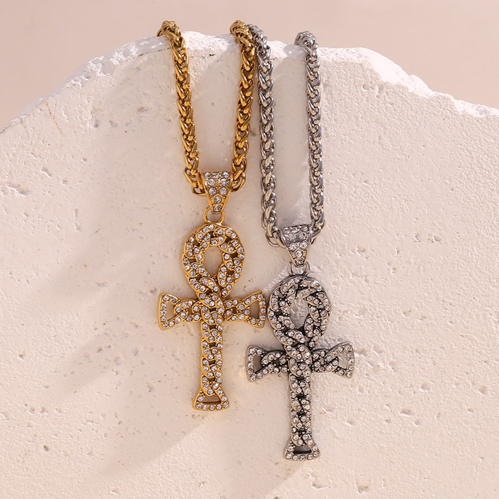 Collana con ciondolo a croce geometrica in stile retrò Hip-Hop da uomo, base in acciaio inossidabile con placcatura in oro 18 carati e intarsio completo di strass