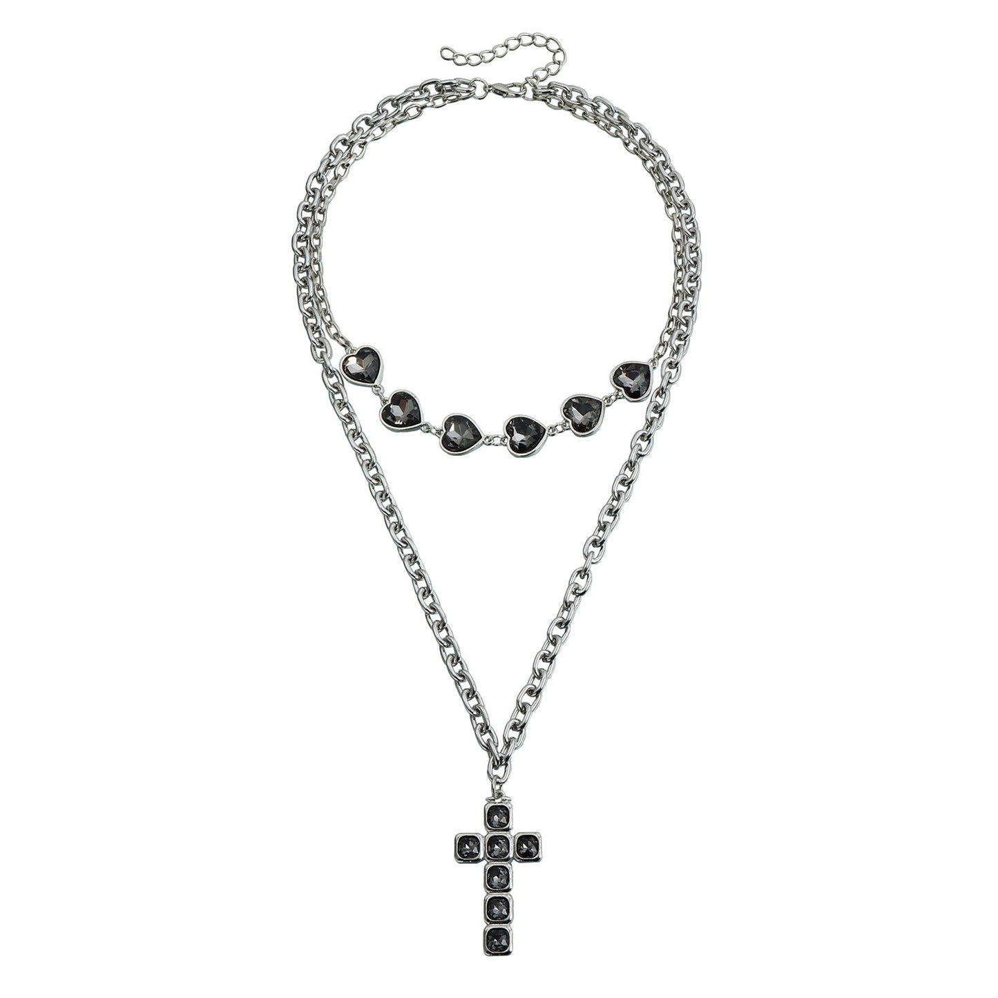 Fashion Black Diamond Cross and Heart Geometric Layered Pendant Necklace for Women
