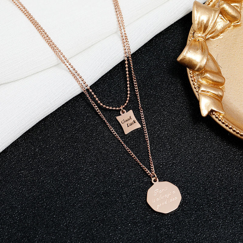 Minimalist Geometric Titanium Steel Plated Double-Layer O-Chain Necklace for Women with Good Luck Letter Pendant