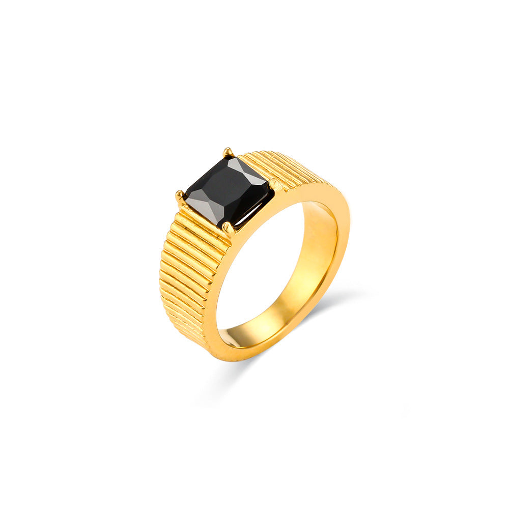 Fashionable Geometric Stainless Steel Ring for Women with Side Stripe Engraving and White Pink Green Rhinestone Accents