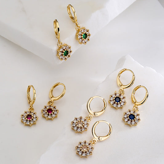 Minimalist Floral Pendant Earrings for Women Made of Copper with 18K Gold Plating and Cubic Zirconia Inlay
