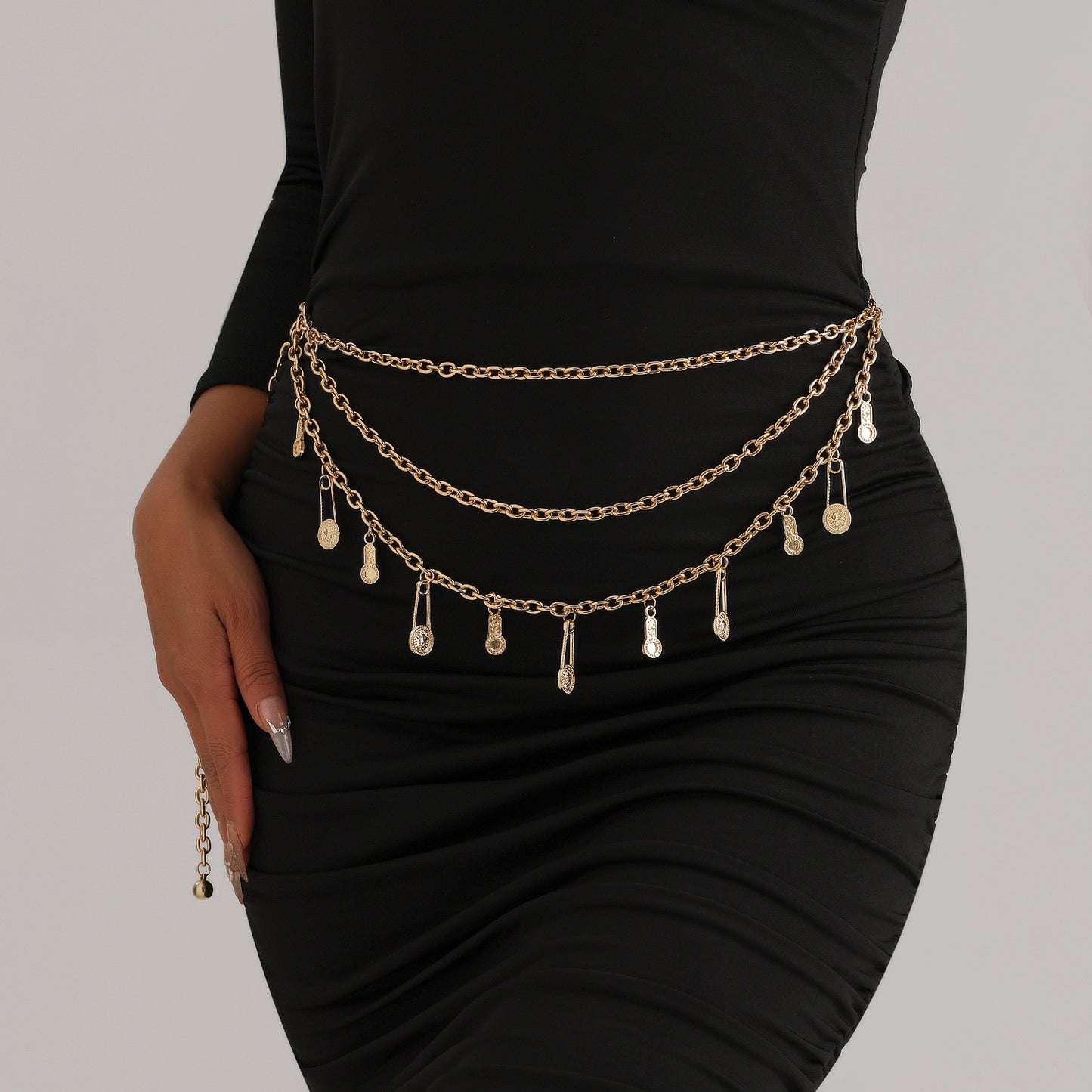 Cadena de cintura con cabeza de león estilo punk para mujer, cadena corporal de metal multicapa con cierre de langosta ajustable 105cm