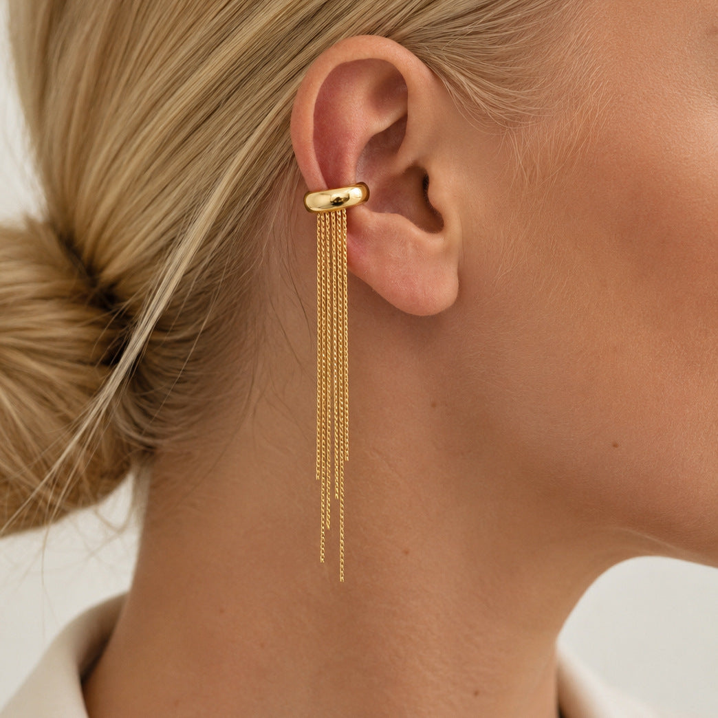 Elegant Stainless Steel PVD Geometric Rope Chain Long Tassel Ear Cuff for Women