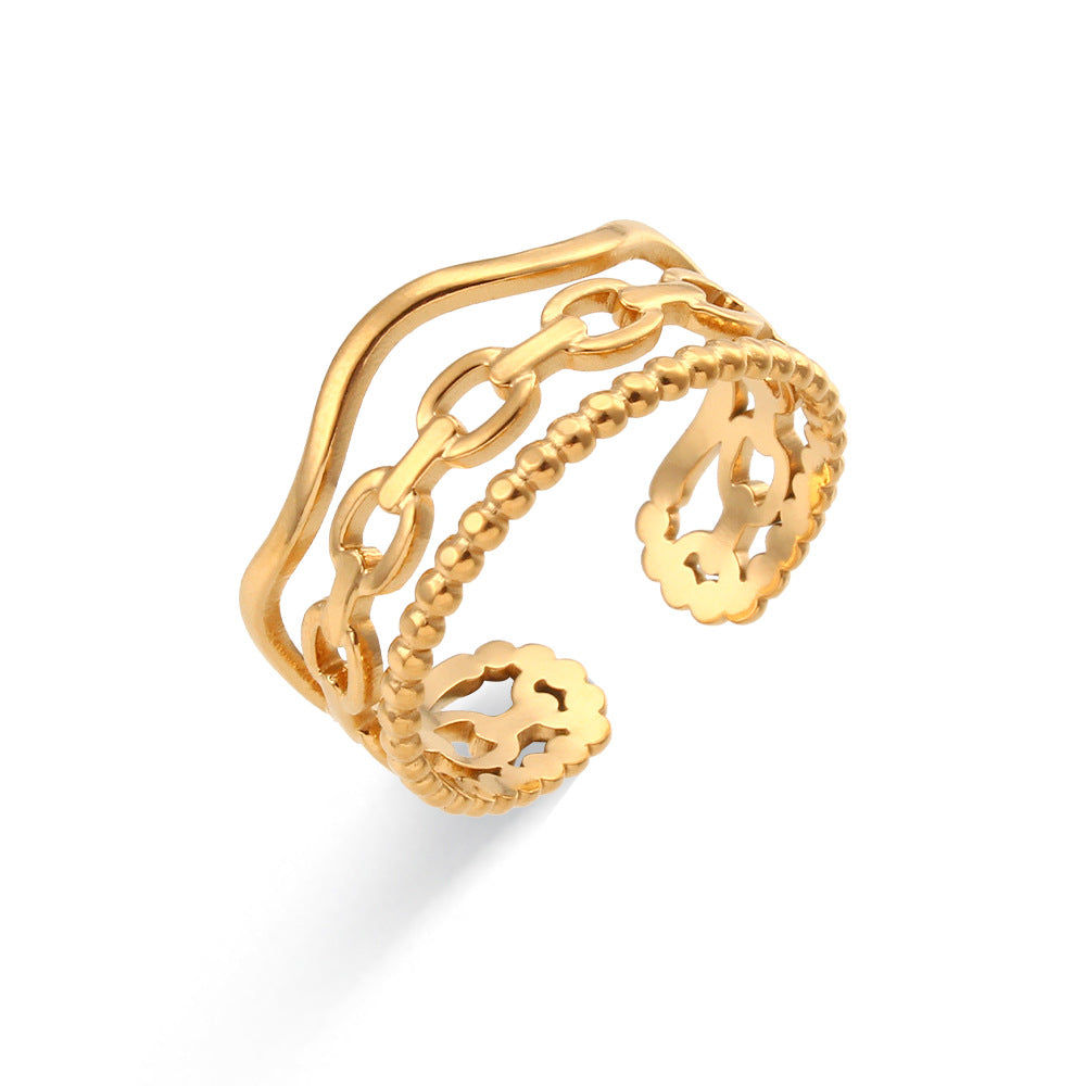 Anillo abierto trenzado de acero inoxidable calado geométrico a la moda para mujer con acabado chapado