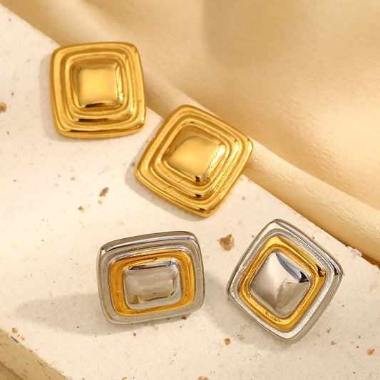 Pendientes de tuerca cuadrados geométricos para mujer en acero inoxidable con baño de oro de 18 quilates