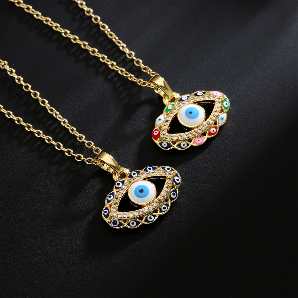 Minimalist Geometric Evil Eye Pendant Necklace for Women with Copper Base Plated in 18K Gold and Enamel-Finished Zirconia