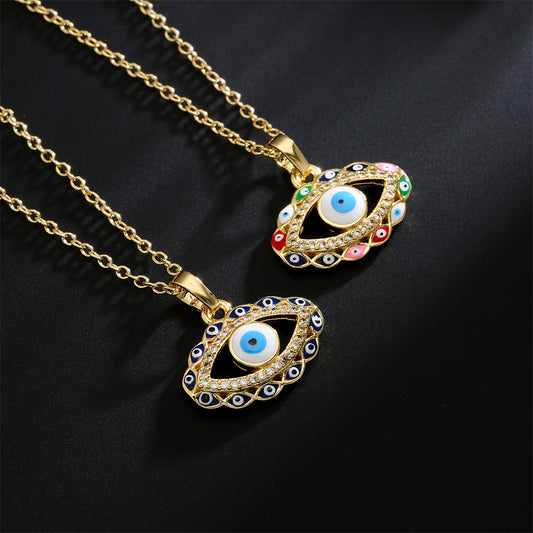 Collar con colgante de ojo turco geométrico minimalista para mujer con base de cobre bañada en oro de 18K y circonita con acabado esmaltado