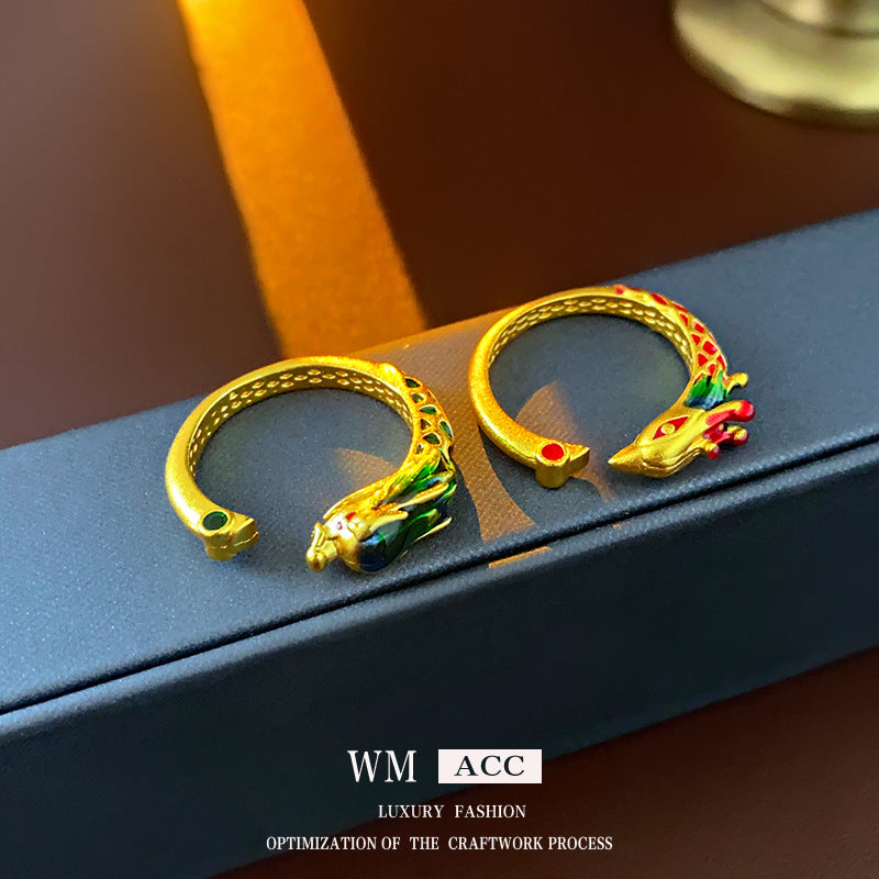Vintage Chinese Style Dragon and Phoenix Geometric Ring for Women Made of Brass with Electroplating Finish