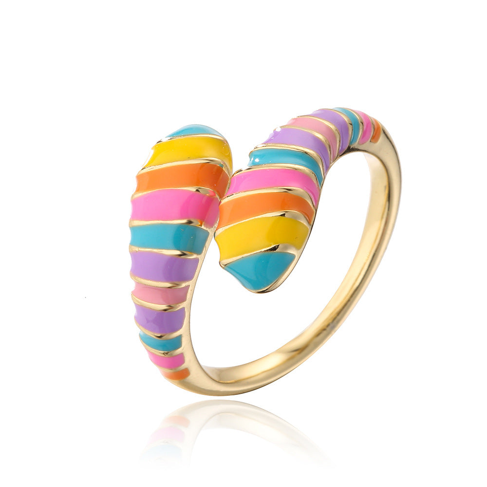Anello Aperto Geometrico Vintage da Donna in Rame con Placcatura in Oro 18K e Finitura Smaltata