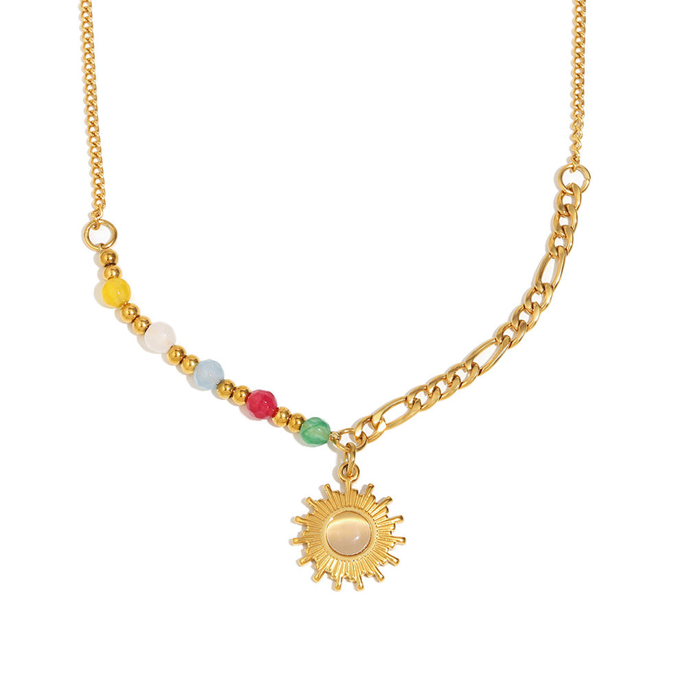 Retro French Style Sun-Shaped Geometric Pendant Necklace in Stainless Steel with 18K Gold Plating and Natural Stone Inlay