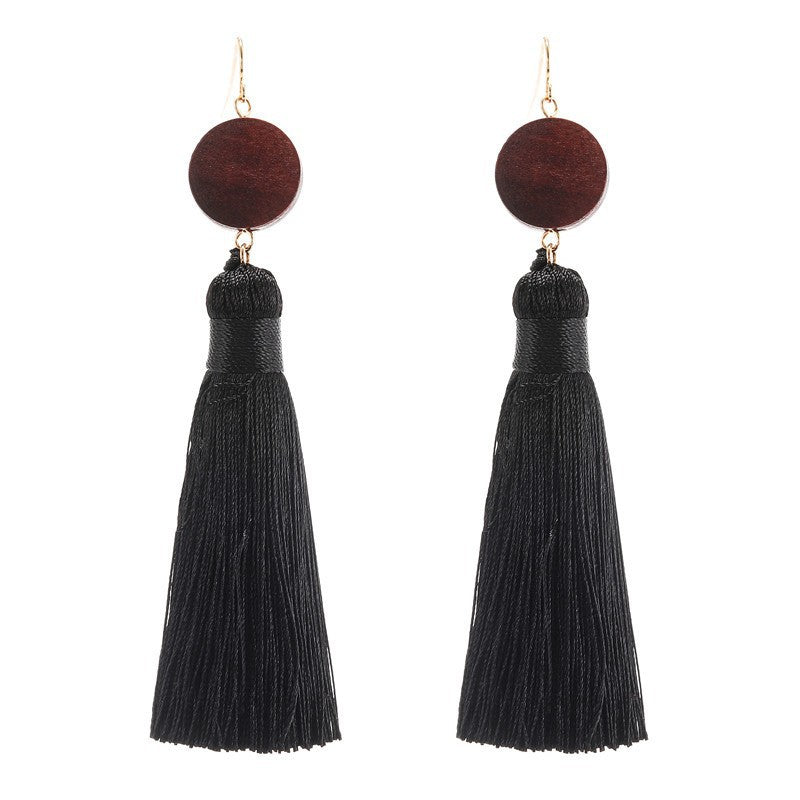 Vintage Bohemian Geometric Wood Tassel Earrings with Stainless Steel Posts