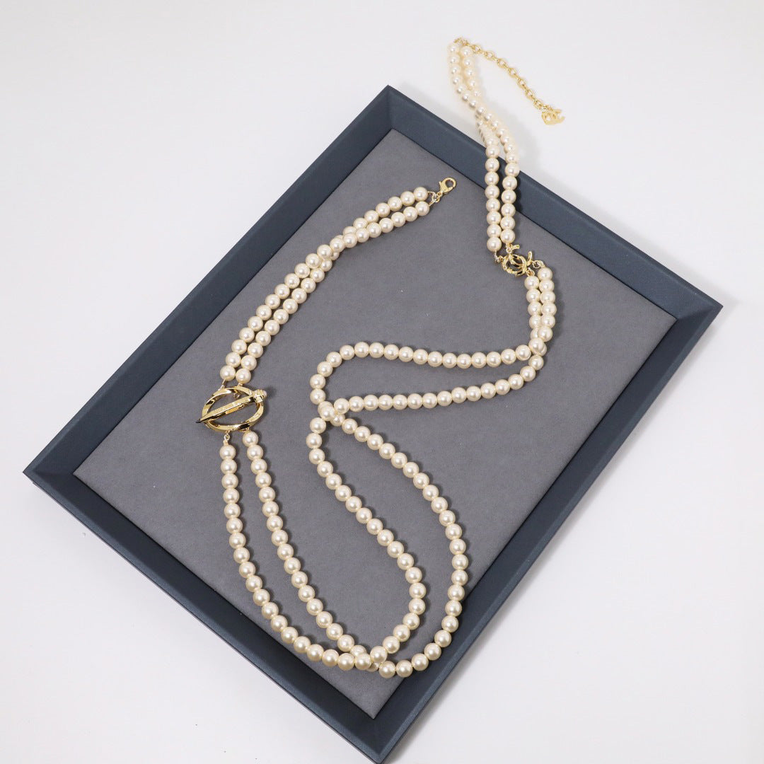 Luxury Gold Plated Double C Letter Pearl Ball Chain Necklace for Women
