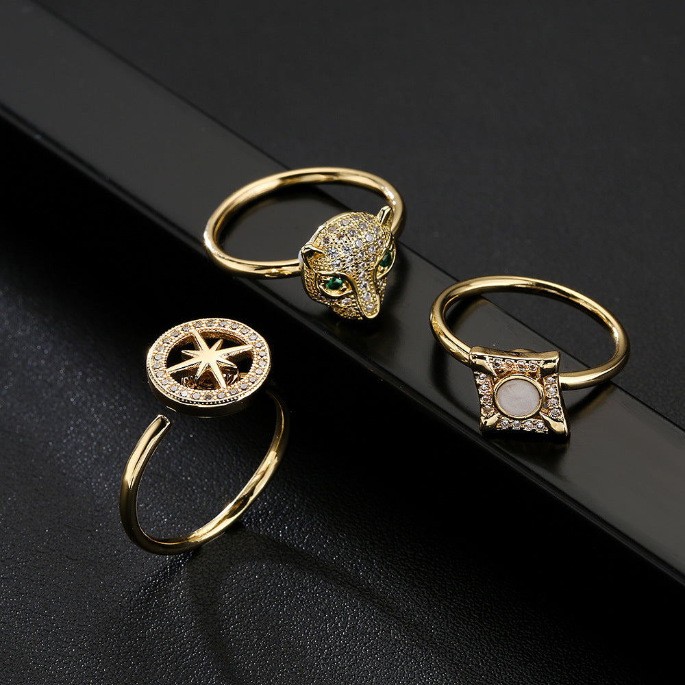 Anello Aperto Geometrico alla Moda da Donna con Base in Rame Placcata Oro 18K e Pietra in Zirconia Micro-Incastonata