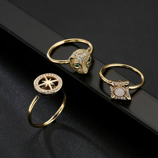 Fashionable Geometric Open Ring for Women with Copper Base Plated in 18K Gold and Micro-Paved Zirconia Stone