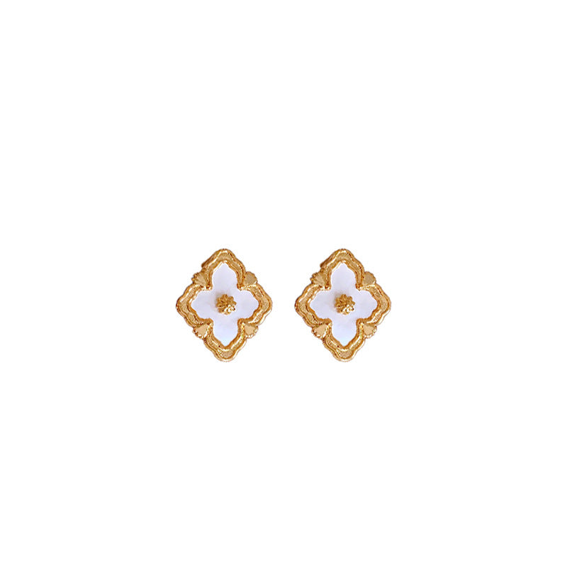 Chic Minimalist Rhombus Floral Geometric Mother-of-Pearl Earrings with Gold Plated Copper Base and Stainless Steel Posts for Women