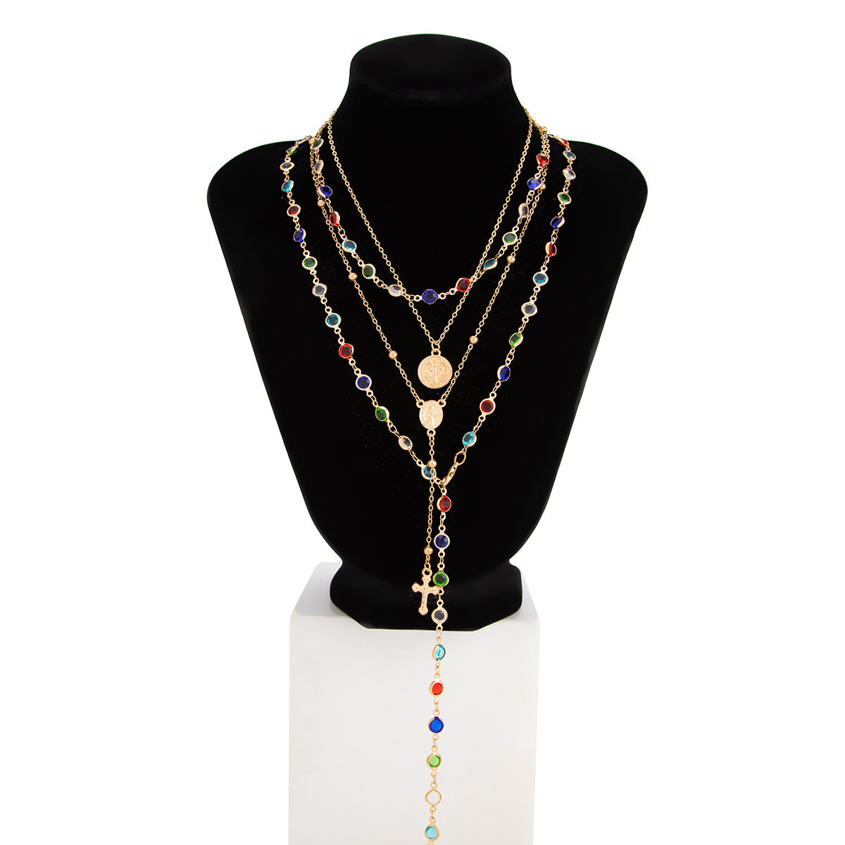 Collar casual chapado en aleación con diseño floral geométrico de corazón y cruz, con incrustaciones de cristal y estrás para mujer