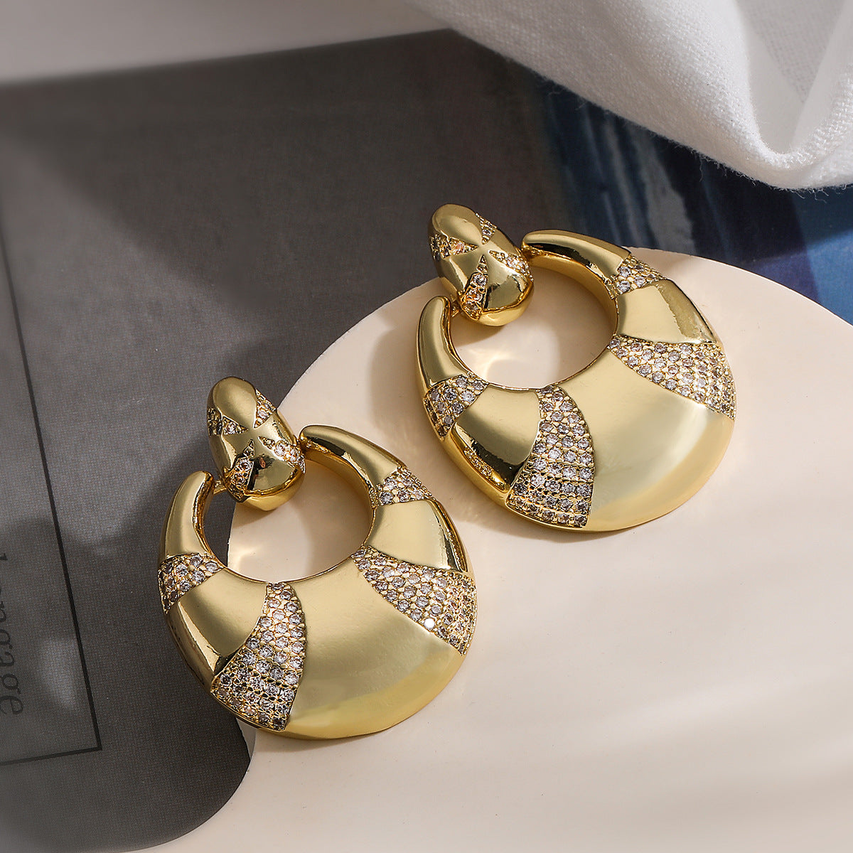 Minimalist Geometric Copper Earrings with Real Gold Plating and Zircon Accents for Women