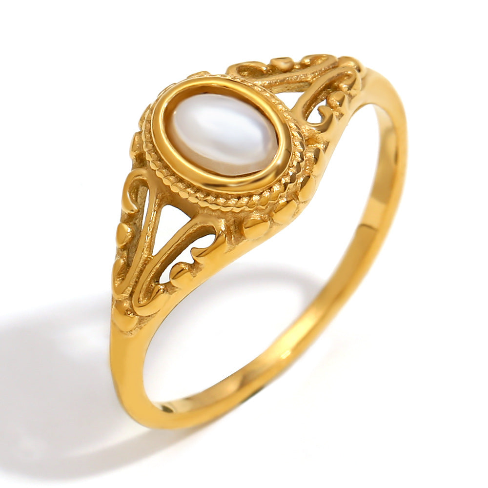 Anello da donna in acciaio inossidabile placcato con perla, motivo floreale geometrico, stile minimalista ed elegante