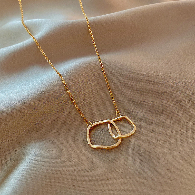 Minimalist Irregular Geometric Double Circle Pendant Necklace for Women with Titanium Steel Chain and Rhinestone Inlay
