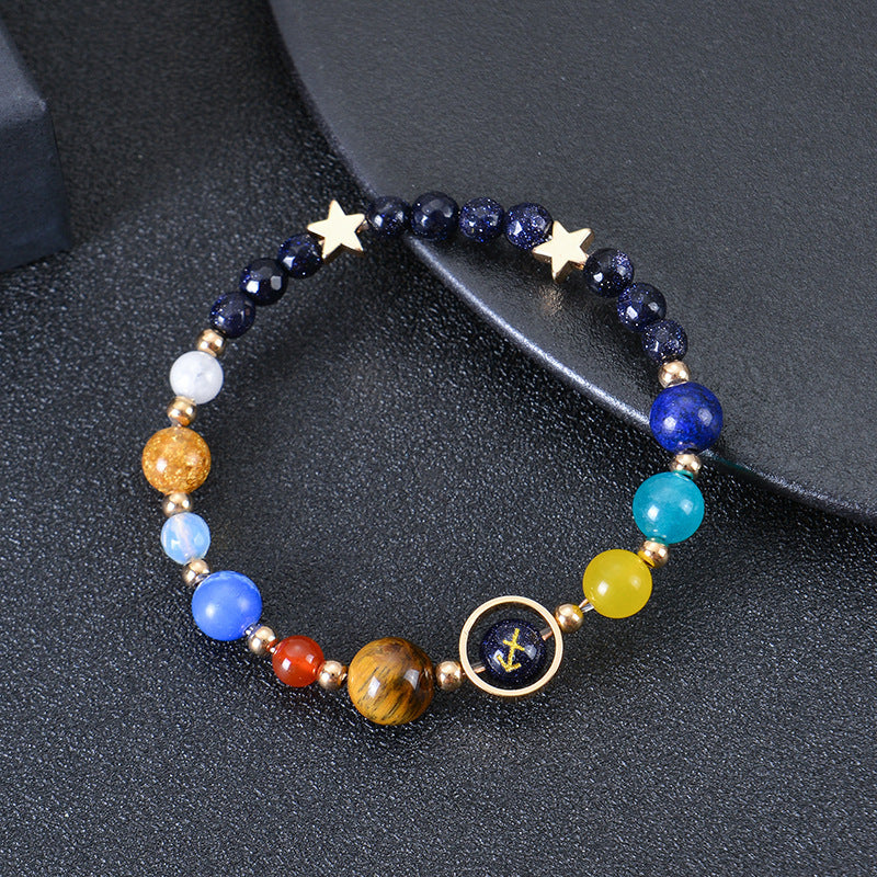 Elegant Geometric Natural Stone Obsidian Crystal Blue Sandstone Bracelet Unisex Zodiac Galaxy Universe Star Beaded Bracelet