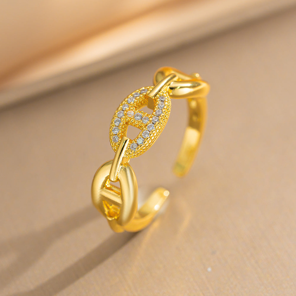 Luxury Minimalist Adjustable Open Ring for Women with Gold-Plated Copper Band and Zircon Stone Accent in Heart and Floral Shape