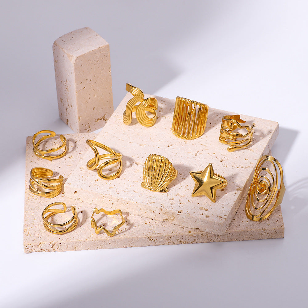 Minimalist Star-Shaped Geometric Stainless Steel Ring with 18K Gold Plating and Shell-Inspired Texture for Women