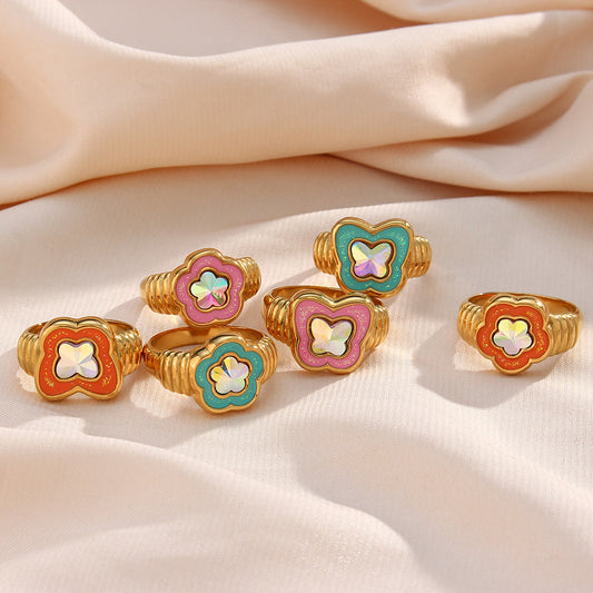 Elegant Butterfly-Shaped Stainless Steel Ring with Rhinestone Accents and Enamel Finish for Women