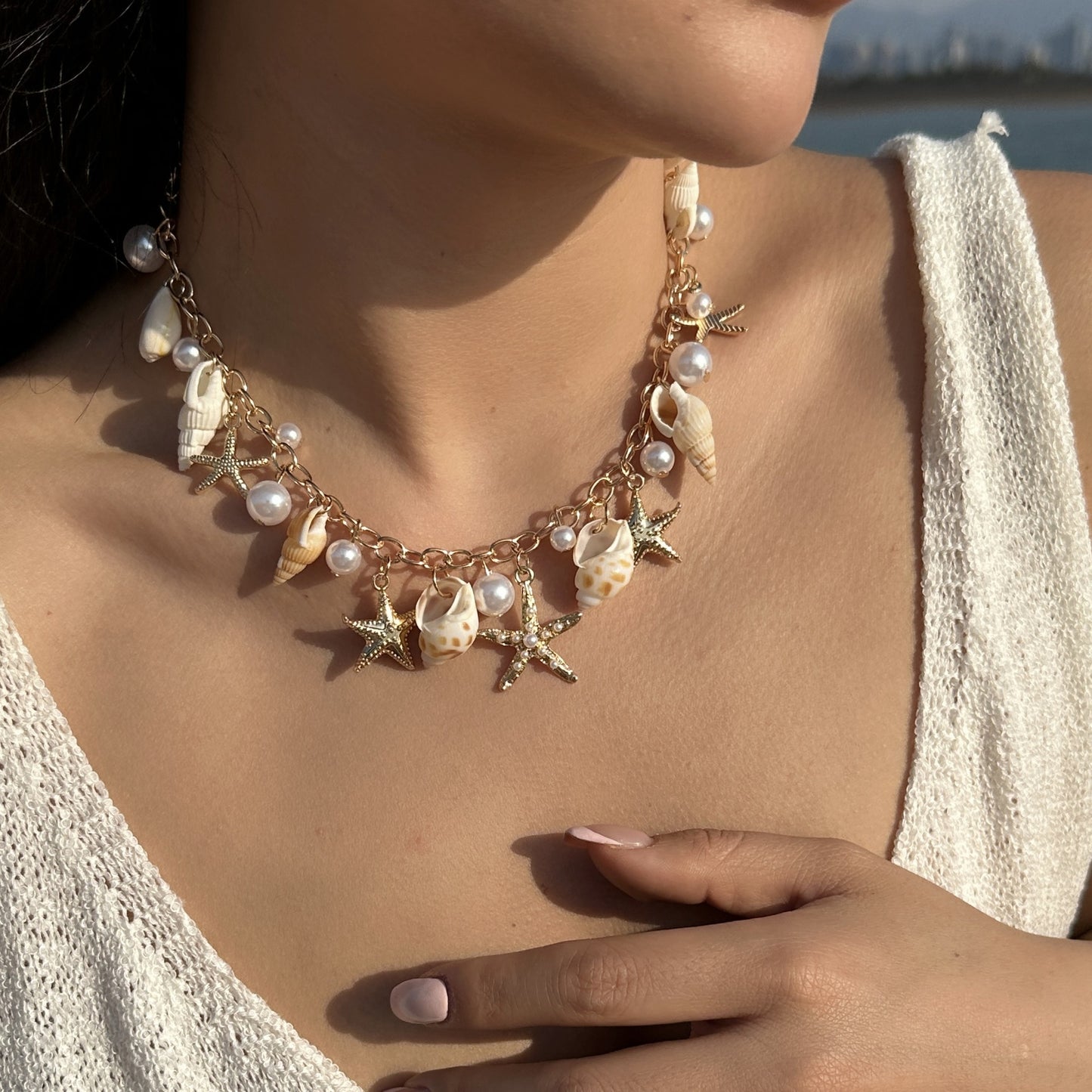 Collana Bohemien con Ciondolo in Lega a Concha e Stella Marina con Catena a Sfera per Donna