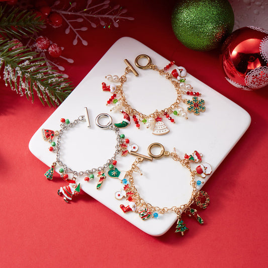 Pulsera de encanto de Papá Noel y copo de nieve festivos para mujer, joyería navideña artesanal de aleación