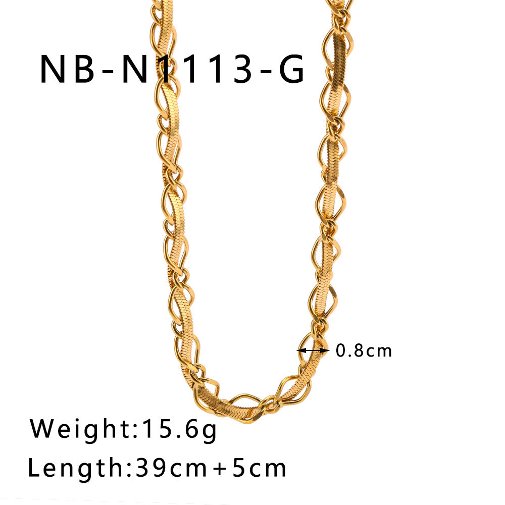 INS Style Geometric Flat Snake Chain Necklace and Bracelet Set in Stainless Steel with 18K Gold Plating for Women