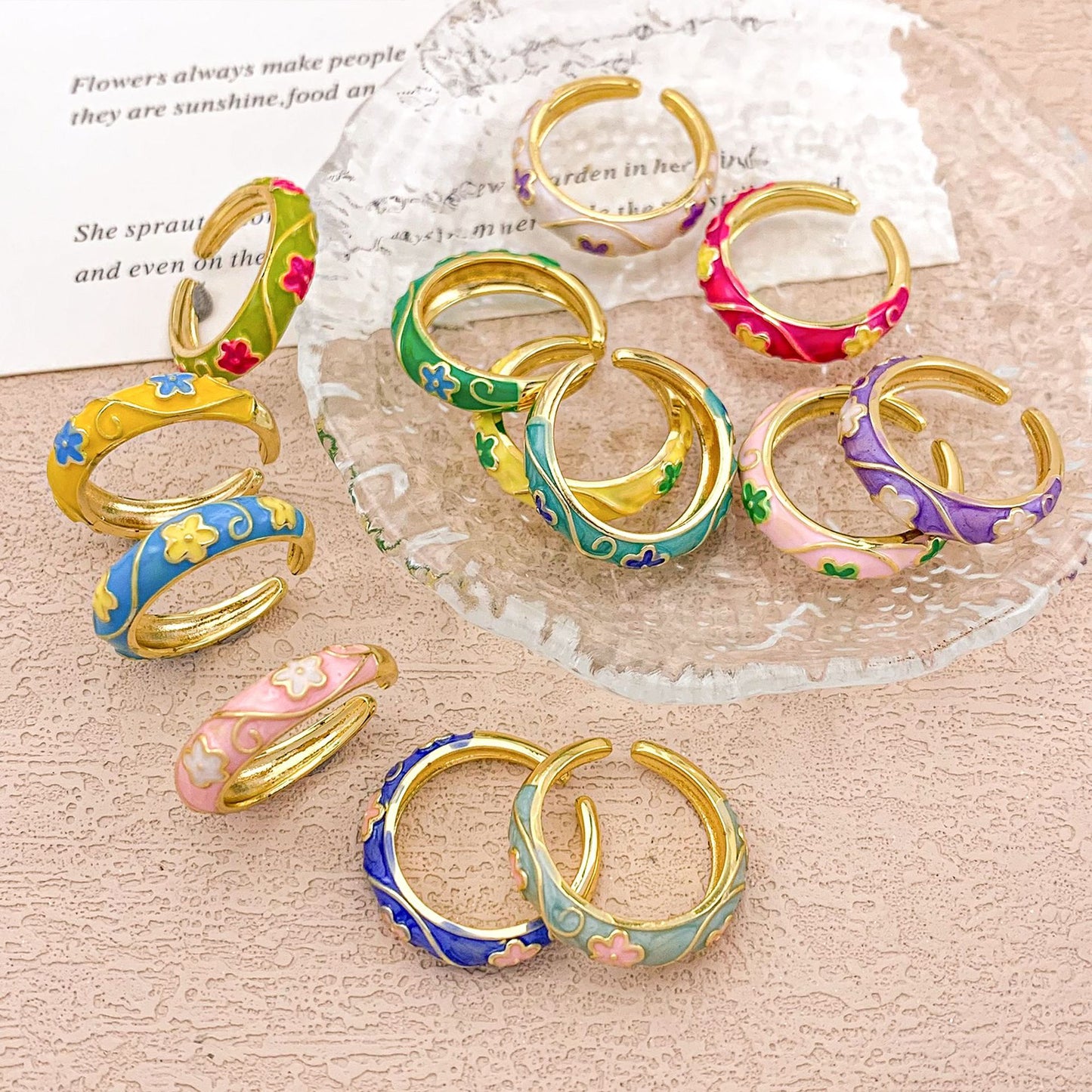 Sweet Floral Enamel Plated Alloy Ring for Women