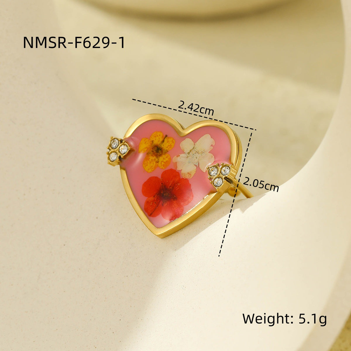 Anillo de Acero Inoxidable con Forma de Corazón a la Moda y Flor Seca Incrustada para Mujer, Baño de Oro, Joyería Chic Minimalista para Oficina