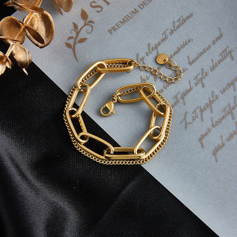 Minimalist Vintage-Inspired Stainless Steel Plated Double-Layer Stackable Bracelet for Women