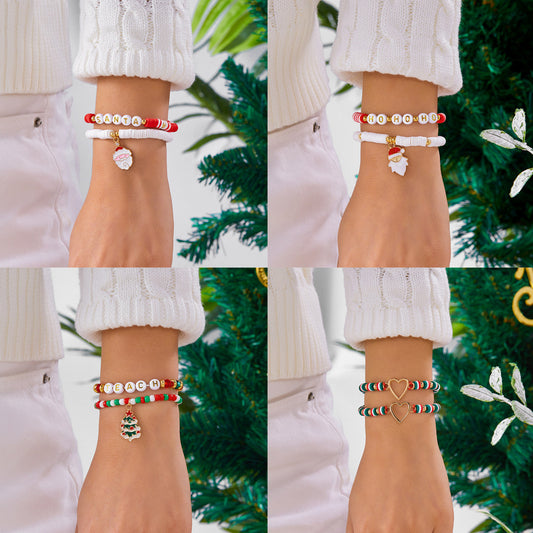 Christmas-Themed Hand-Strung Bracelet Set with Santa Charm Alloy Beaded Wristband Electroplated Finish for Holiday Gifting